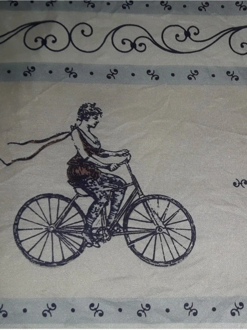 Vintage Laura Ashley Made In Italy 100% Silk Ivory Scarf w/ Black Bicycle Motif